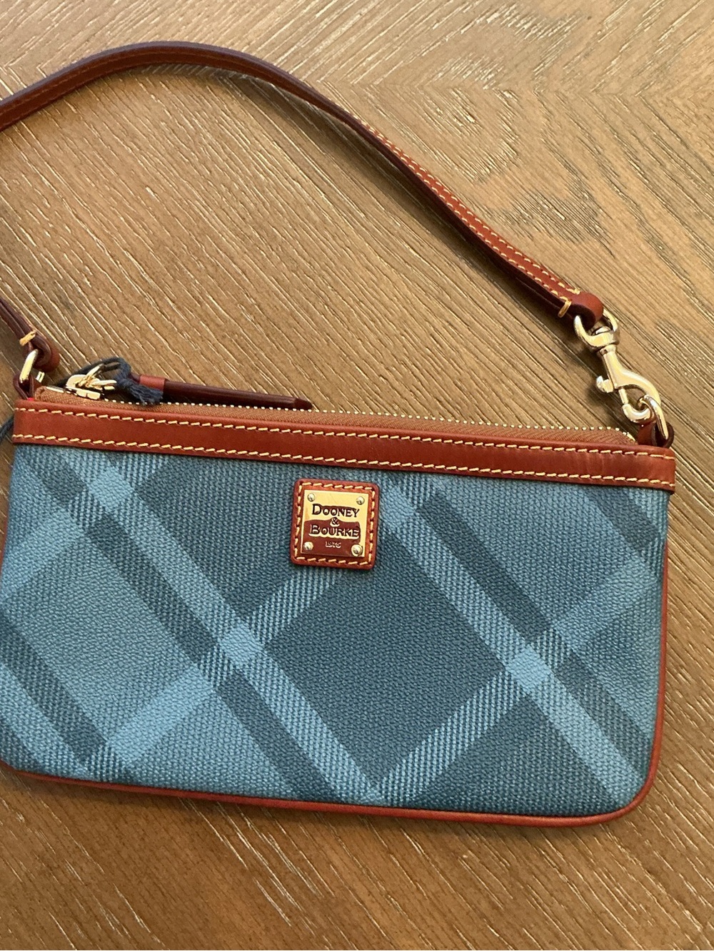 Dooney & Bourke Blue Plaid Wristlet with Brown Trim